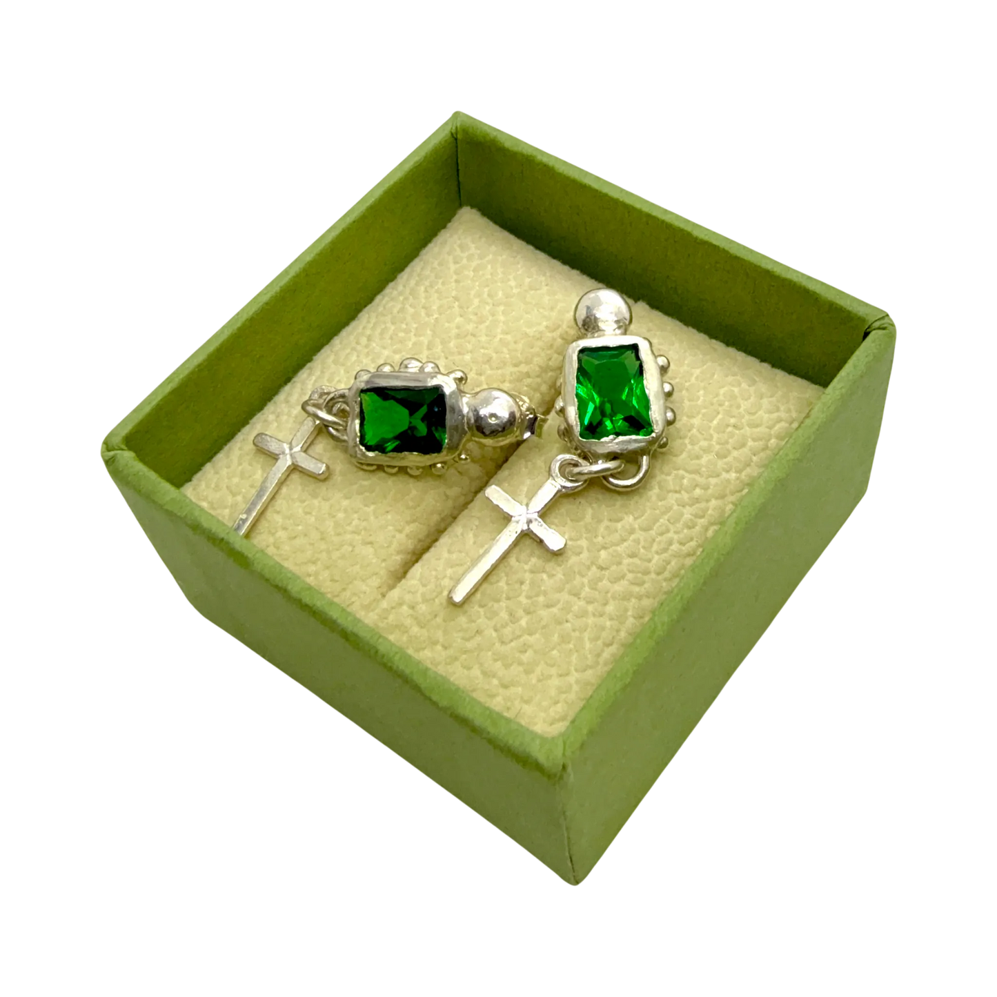 Santo Stud earrings in jewellery box — handmade sterling silver and green synthetic emerald design by Lia Makes Jewellery.