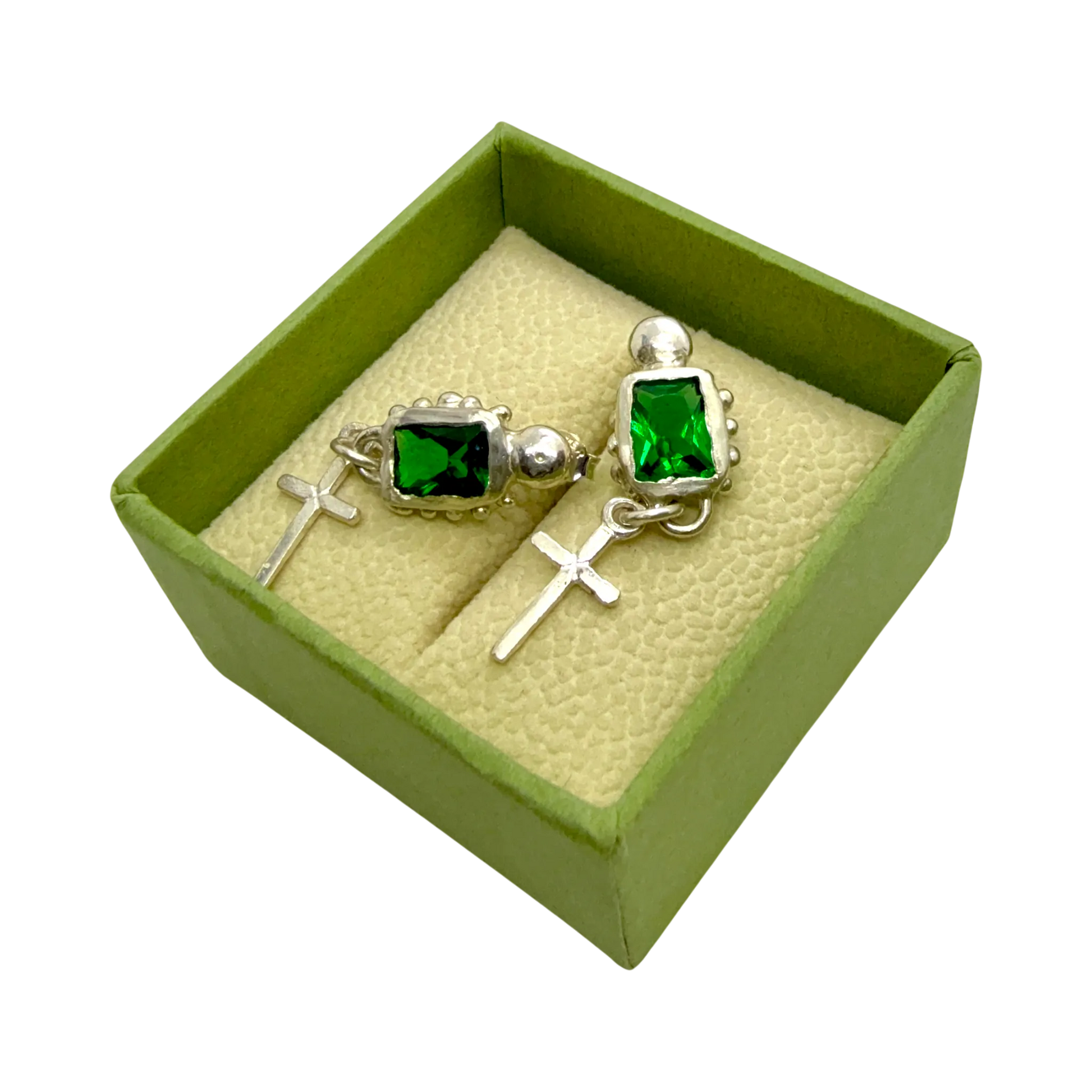 Santo Stud earrings in jewellery box — handmade sterling silver and green synthetic emerald design by Lia Makes Jewellery.