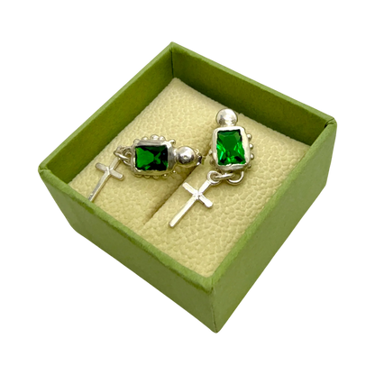 Santo Stud earrings in jewellery box — handmade sterling silver and green synthetic emerald design by Lia Makes Jewellery.