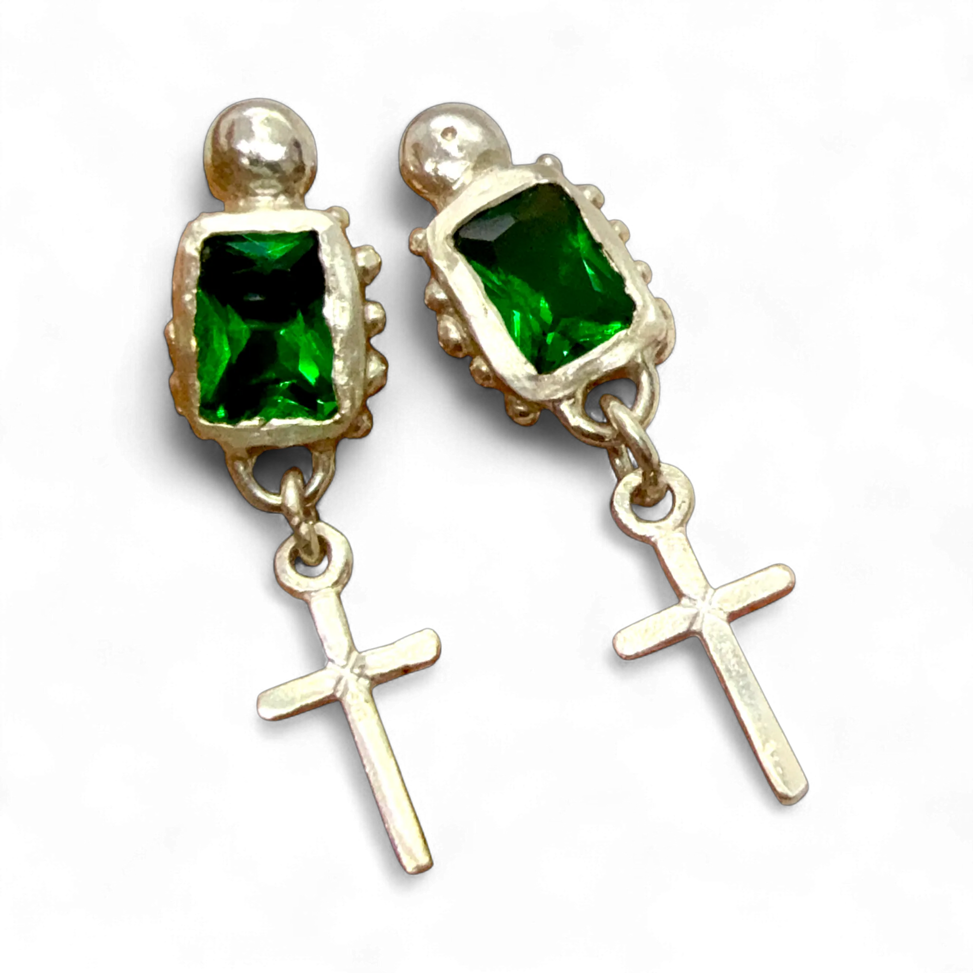 Santo Studs handmade in Paris — sterling silver earrings with green synthetic emerald stones, crafted by Lia Makes Jewellery.
