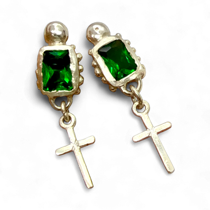 Santo Studs handmade in Paris — sterling silver earrings with green synthetic emerald stones, crafted by Lia Makes Jewellery.