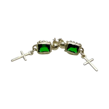 Side view of Santo Studs showing sterling silver setting and vivid green synthetic emeralds.