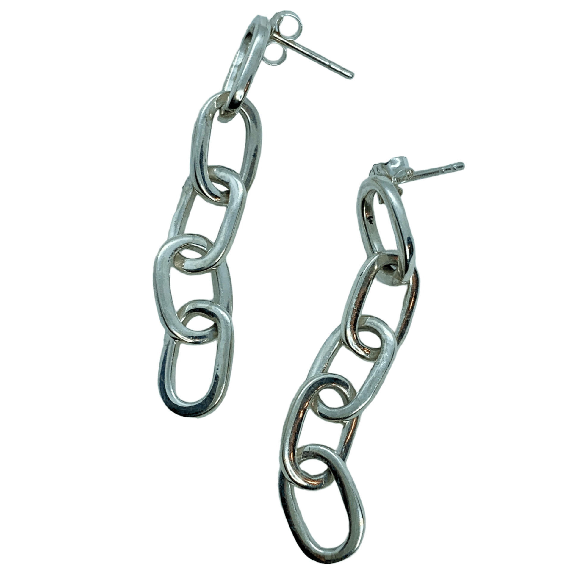 Sterling silver Link Earrings with five chain dangles, 4.5 cm long in white background.