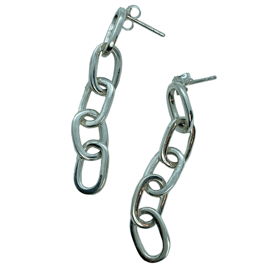 Sterling silver Link Earrings with five chain dangles, 4.5 cm long in white background.