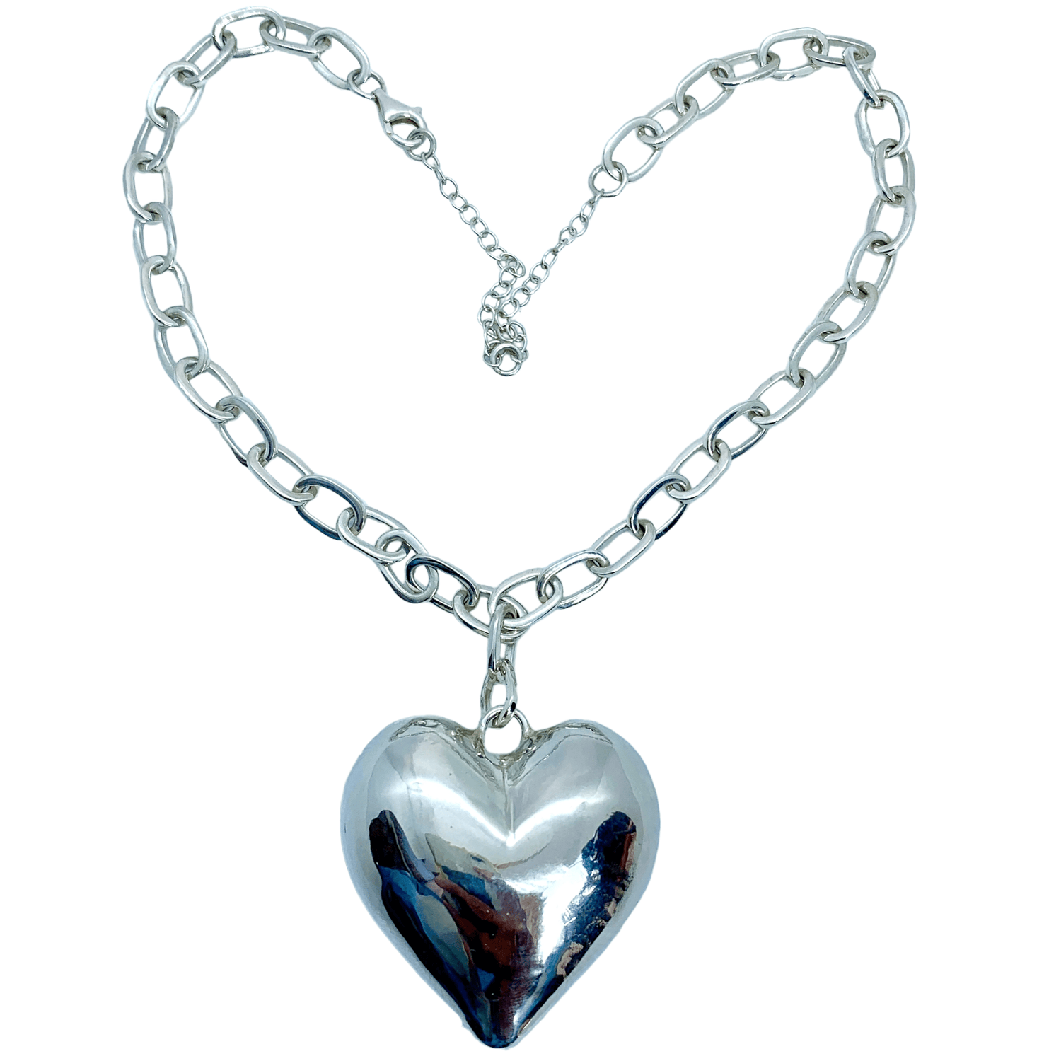 Sterling silver Sweetheart Pendant with bold heart design and 42 cm large-link chain. Statement size but light to wear.