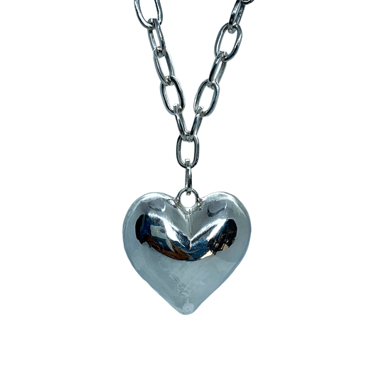 Sterling silver Sweetheart Pendant with large-link 42 cm chain, in white background. Handmade by Lia.
